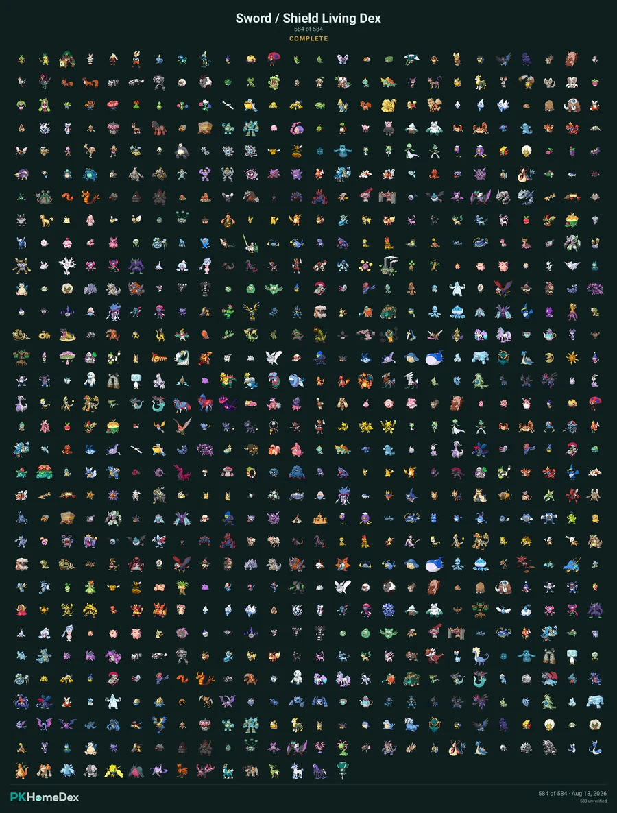 An exported snapshot of a completed Sword and Shield Living Dex, all 584 Pokémon on one sheet.